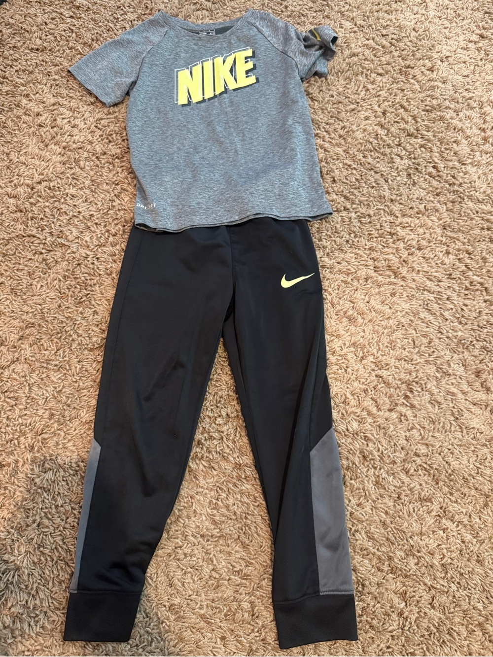 Nike Gray Tee & Black Joggers Set with Yellow Logo